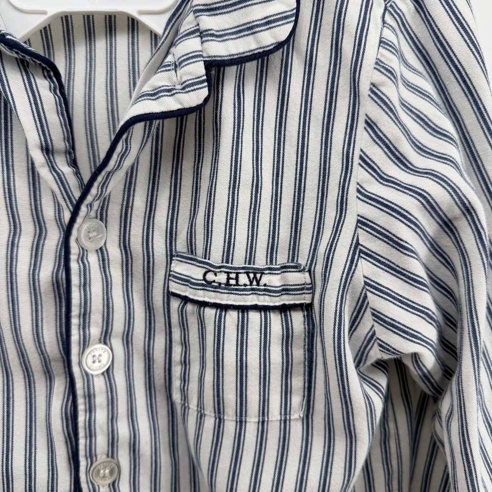 Petite Plume Navy and White striped Pajama Set with monogram - Picture 2 of 5